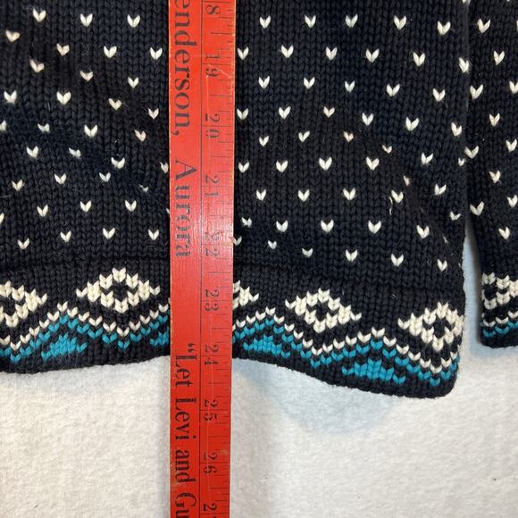L.L. Bean Nordic Sweater Black Teal Cardigan Button Up Medium Cotton VTG Cabin - Picture 8 of 10